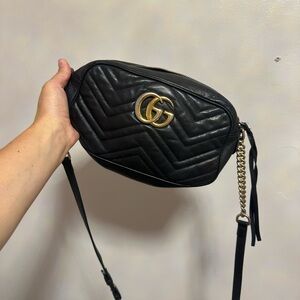 Gucci Black Chevron Marmont Crossbody Bag with Gold GG Hardware